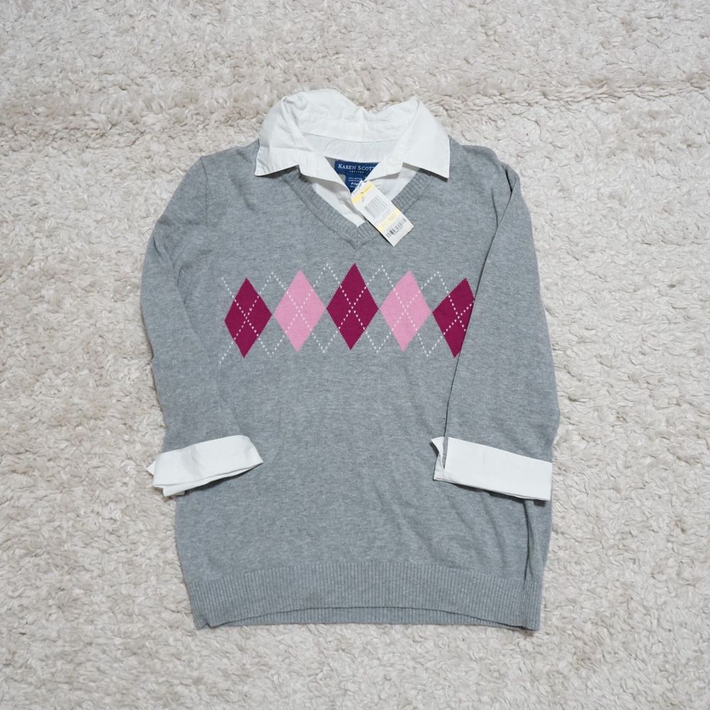NEW! Karen Scott Argyle Gray 3/4 Sleeve Work Top Petite Size M